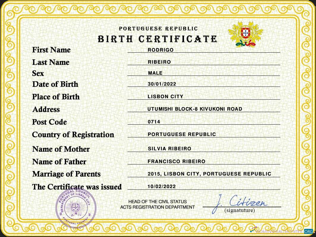 Download Portugal vital record birth certificate PSD template Photoshop template